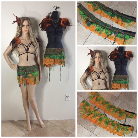 🎀 8PC TWIN FESTIVAL GOGO SKIRT FEATHER NECKLACE PERFORMANCE DANCER FAIRY ELF - Picture 8 of 8